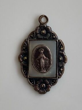 Antique Sterling Silver miraculous medal Virgin Mary pendant mop marcasites